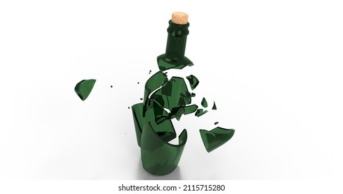 Broken Wine Bottle. Smashed Empty Glass. Deep Green Color Shards. 3D Illustration.