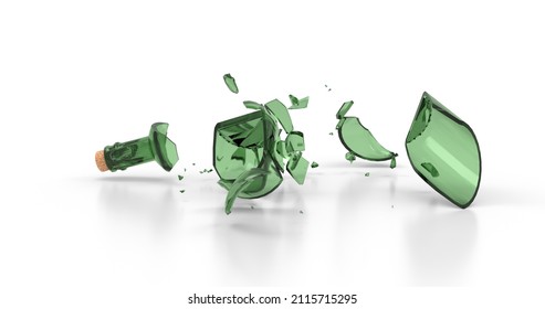 Broken Wine Bottle. Smashed Empty Glass. Green Color Shards. 3D Illustration.