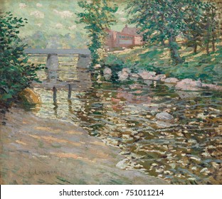 THE BRONX RIVER, by Ernest Lawson, 1910, Canadian-American painting, oil on canvas. The Bronx River flows from Westchester County through NYCs northern borough. In Lawsons painting industrial building