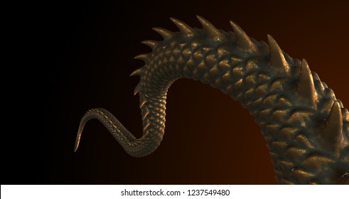 Bronze сhinese Dragon Tail 3D Illustration On Black Background.