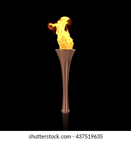 Bronze Torch On Black Background. Sport Flame. Torch Fire. Torch Flame. Olympic Torch. Paralympic Torch. 3D Render.