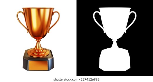 Bronze trophy cup or champion cup with empty plate for your text. Prize third place in the competition. 3D render. PNG with transparent background and alpha channel to cut out