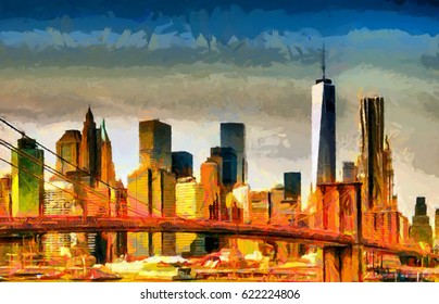 Brooklyn Bridge Cityscape Skyscrapers Panorama Oil Painting