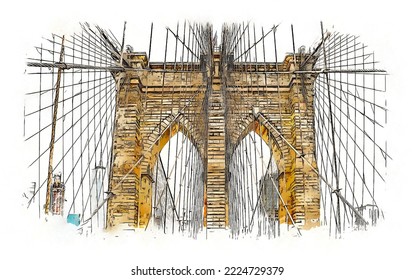 Brooklyn Bridge In New York, Color Sketch Illustration.
