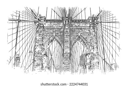 Brooklyn Bridge In New York, Ink Sketch Illustration.
