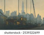 Brooklyn bridge, New York painting by Frantisek Tavik simon. Vintage Brooklyn bridge artwork drawing background illustration. Old vintage Brooklyn bridge painting background by Frantisek Tavik simon