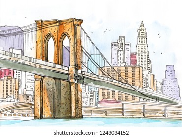 Brooklyn Bridge In New York, Watercolor Sketch Hand Drawing.