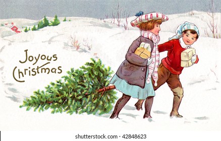 Brother and sister bringing home a fresh-cut Christmas tree and presents as they walk through the snowy countryside.