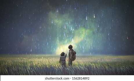 brother and sister in a meadow looking at meteors in the sky, digital art style, illustration painting