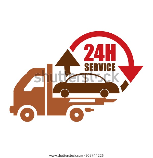 Brown 24H Tow Car Service Infographics Flat\
Icon, Sign Isolated on White\
Background