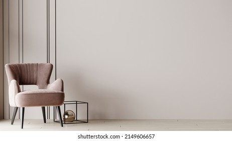 Brown armchair and beige walls - light room design project. Pastel milky ivory tones are a trend 2022. Luxe lounge with accent. Space for mockup picture, decor or paint. 3d rendering