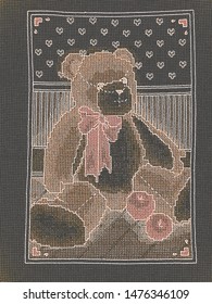 Brown Background Illustration Traditional Vintage Cross Stitch Old Fashioned Teddy Bear Color Series
