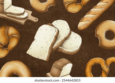 Brown background with a textured, rustic style. The background features various bread illustrations, enhancing the brown color theme. Cute hand drawn bread pattern background. Brown background. - Powered by Shutterstock