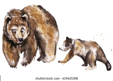 Brown Bear With Mom. Watercolor Animals