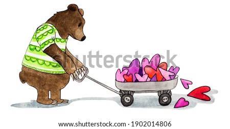 Brown bear pulling trolley filled with hearts, hand painted watercolor on paper