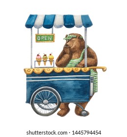 Brown bear in striped green apron   cap sells ice cream next to the cart and ice cream  the cart the inscription    open