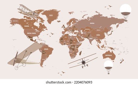 Brown Beautiful World Map With Clones And Plains.