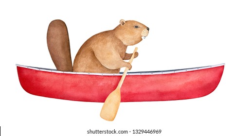 Brown Beaver Character In Blank Red Canoe, Rowing With Wood Paddle. Side View. Symbol Of Ingenuity, Diligence, Perseverance. Handdrawn Watercolour Painting, Cutout Clipart Element For Creative Design.