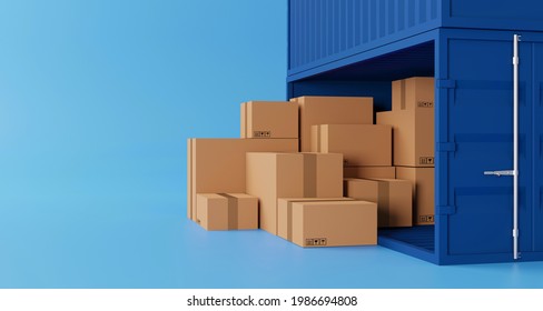 Brown Box Stacking And Container Box With Copy Space. Logistic And Shipping Business Service. 3d Illustration