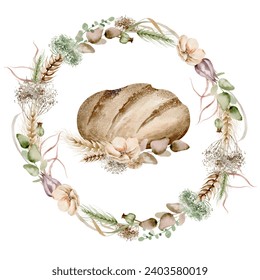 Brown bread surrounded by a rustic wreath of woven wheat and wildflowers, on a white background. Illustration of abundance, tradition and craft. For food packaging, bakery branding, harvest festivals.