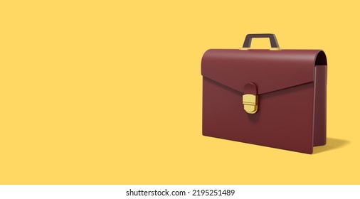 Brown Briefcase On Yellow Background. Portfolio Icon Banner With Space For Text. 3D Rendering