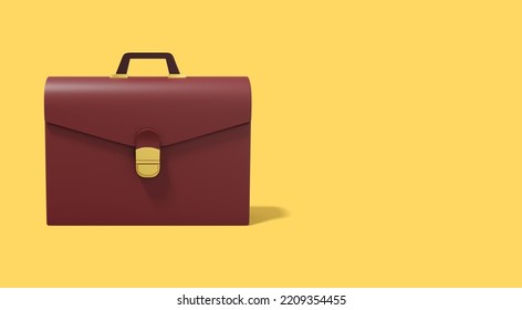 Brown Briefcase On Yellow Background. Front View. Portfolio Icon Banner With Space For Text. 3D Rendering