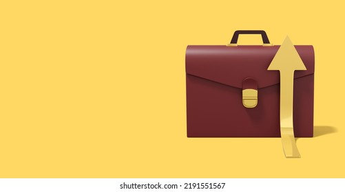 Brown Briefcase With Rising Golden Arrow On Yellow Background. Front View. Portfolio Icon Banner With Space For Text. 3D Rendering