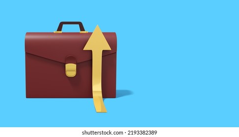 Brown Briefcase With Rising Golden Arrow On Blue Background. Front View. Portfolio Icon Banner With Space For Text. 3D Rendering