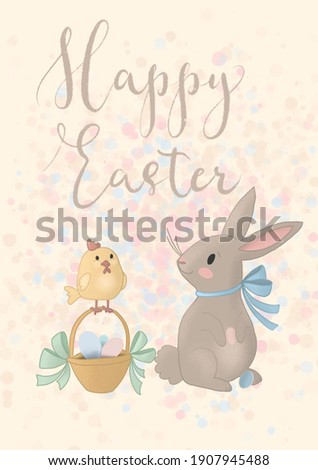Brown bunny with with chicken and Easter eggs in a basket with handlettering 