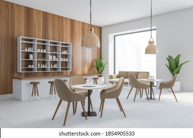 Brown Cafe Interior, Chairs With White Tables, Wooden Wall With Lamps And Bar Counter. Illustration Of Cafe With Big Window, Dining Room 3D Rendering, No People