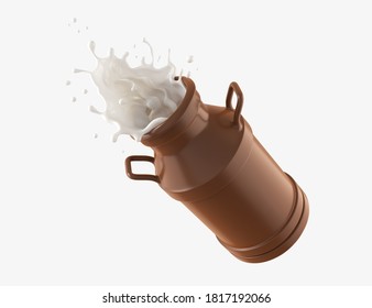 Brown Chocolate In The Shape Of A Milk Bucket With Milk Or White Cream Splash, 3d Illustration.