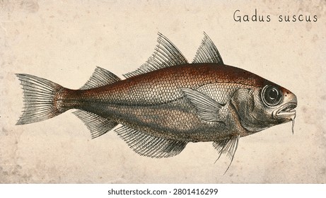 Brown Cod Fish (Gadus suscus) Vintage illustration