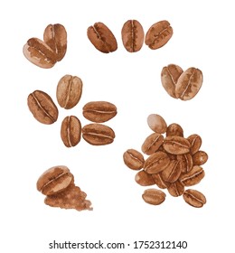 Brown Coffee Bean Illustration Watercolor Hand Drawing, Collection Of Variety Beans Isolated On White Background With Clipping Path