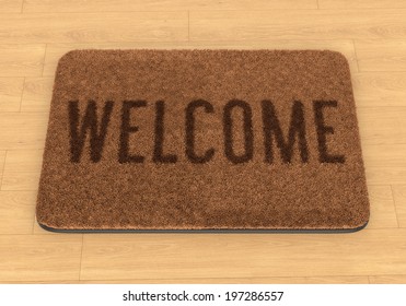 Brown Coir Doormat With Text Welcome On Wooden Floor