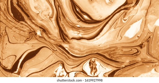 Brown Decorative Marble Effect. Craft Wavy Oil Illustration. Oil Stain Decorative Canvas. Rough Acrylic Splashes. Liquid Party Concept. Brown Panorama Abstract Template.