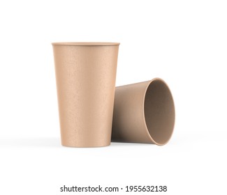 Brown Disposable Paper Cup Mock Up For Coffee, Tea, Soda And Soft Drink. Kraft Cardboard Paper Cup On Isolated White Background, 3d Illustration