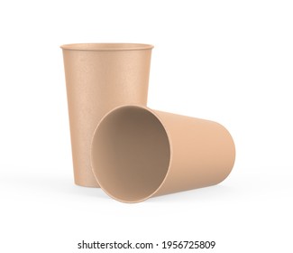 Brown Disposable Paper Cup Mock Up For Coffee, Tea, Soda And Soft Drink. Kraft Cardboard Paper Cup On Isolated White Background, 3d Illustration