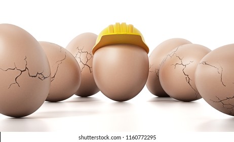 Brown egg with yellow hardhat standing out among cracked eggs. 3D illustration.