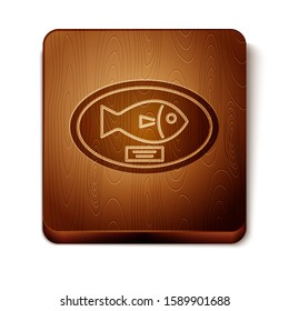 Brown Fish Trophy Hanging On The Board Icon Isolated On White Background. Fishing Trophy On Wall. Wooden Square Button. 