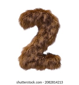 Brown Furry Alphabet Number 2 Isolated On White Background. 3D Illustration.