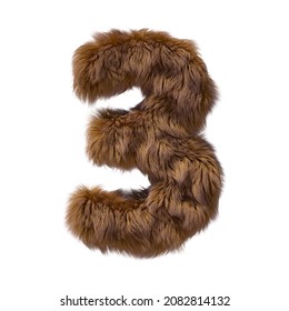 Brown Furry Alphabet Number 3 Isolated On White Background. 3D Illustration.