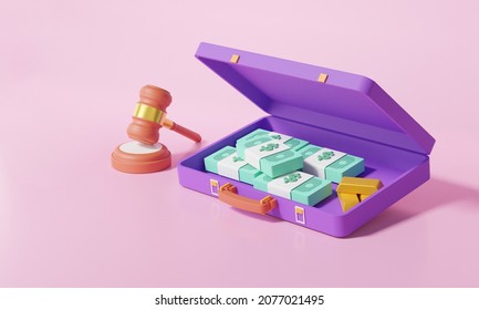 Brown Gavel With Money And Gold Bar On Purple Briefcase On Pink Background. Judge Arbitrate Courthouse Concept. Judgement Hammer. 3D Render Illustration