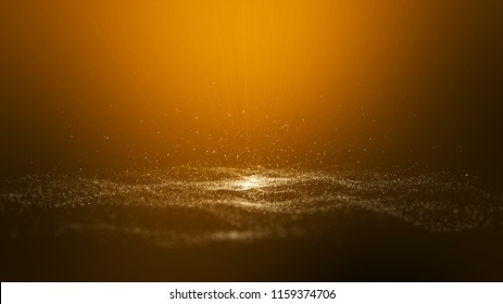 Brauner goldener Hintergrund, digitale Signatur mit Wellenpartikeln aufsteigen, funkeln, Raum mit Tiefen des Feldes. Die Partikel Golden Light Linien.