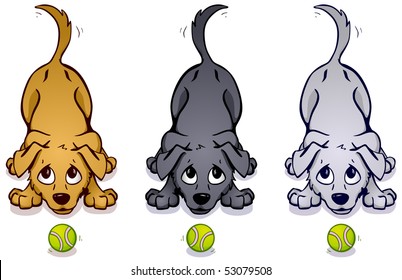 Brown, Gray, And White Dogs Wagging Their Tails With Tennis Balls In Front Of Them. Vector Version Available In Portfolio.