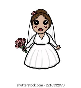 Brown Hair Cute Bride In Wedding Dress With A Bouquet Doodle Illustration. Hand Drawn Wedding Artwork, Design For A Wedding Cards, Invitations, Backgrounds, Wallpapers, Map.