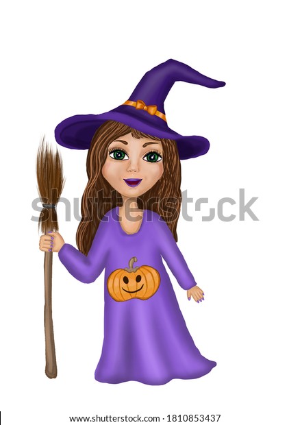 箒を持つ茶色の髪の小さな魔女 帽子に黒い髪をし カボチャと魔女のほうきを手にした紫のドレスを持つ手描きの漫画の小さな可愛い魔女 白い背景に ハロウィーン のイラスト素材