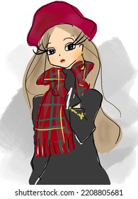 Brown Haired Woman Wearing Red Knitted Cap, Red Scarf, Black Coat. Winter Outfit.