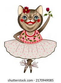 Brown  Happy, Friendly, Cool Tabby Cat On Pink- White, Floral Dress, Dancing With Ballet Shoes And Have Flower In The Hand . Playful Cute Kitty Motive For Print, Fabric, Wallpaper, Stickers