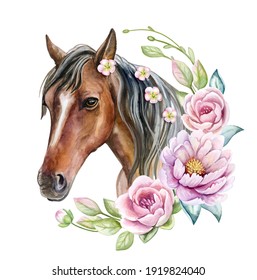 Brown Horse in floral plant spring frame, circle, wreath with peonies and roses isolated on white background. Portrait, head. Watercolor. Illustration