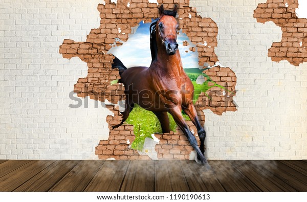 Brown horse runs into the room. Wallpapers for interior decor. 3D rendering.